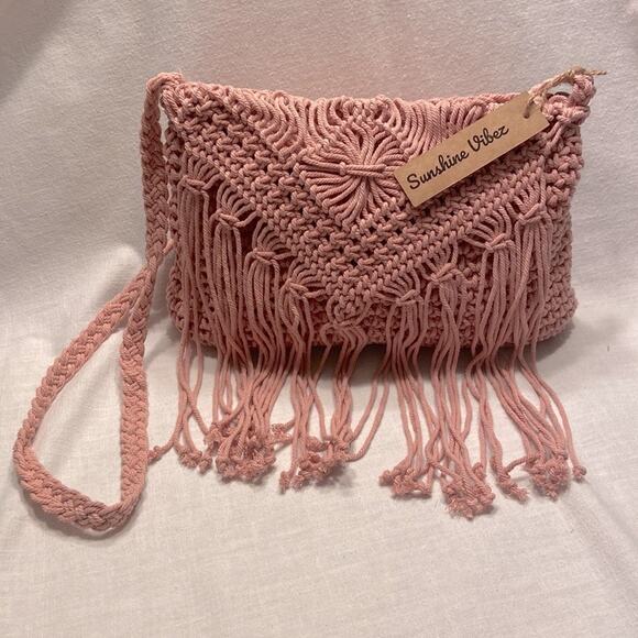 BOHO Crossbody Handbag Pink Macrame Bohemian Bag Purse Lined Sunshine Vibez - Picture 1 of 6